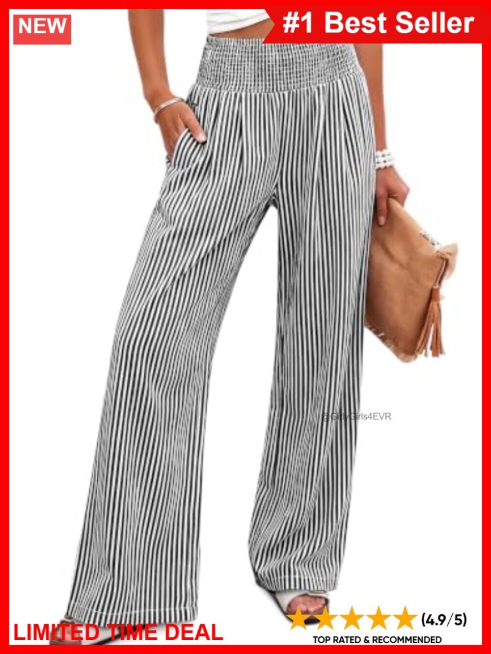 Wide Leg Palazzo Pants Gingham Striped Smocked Waist Pockets Casual